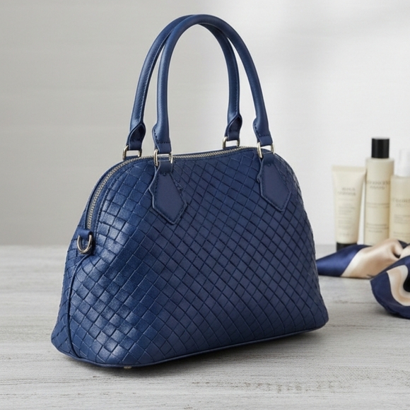 Handbags - Charming Charlie Blue Dome Lattice  Blue Woven Satchel [13in L/ 5.5in W/ 10in T]